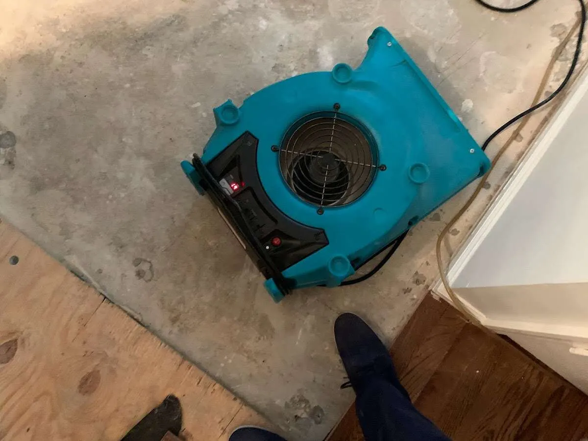 Air mover drying subfloor during Commercial Water Damage Restoration in Shaler